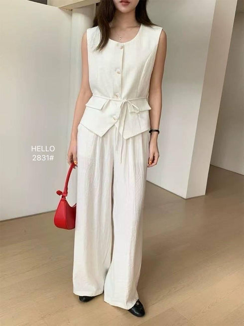 Round Neck Button Vest with Trousers Sets With Rope